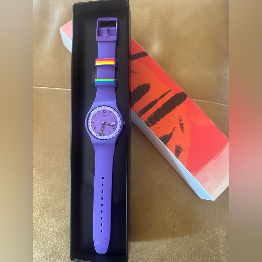 Swatch Purple Women's Watch with Rainbow Accents